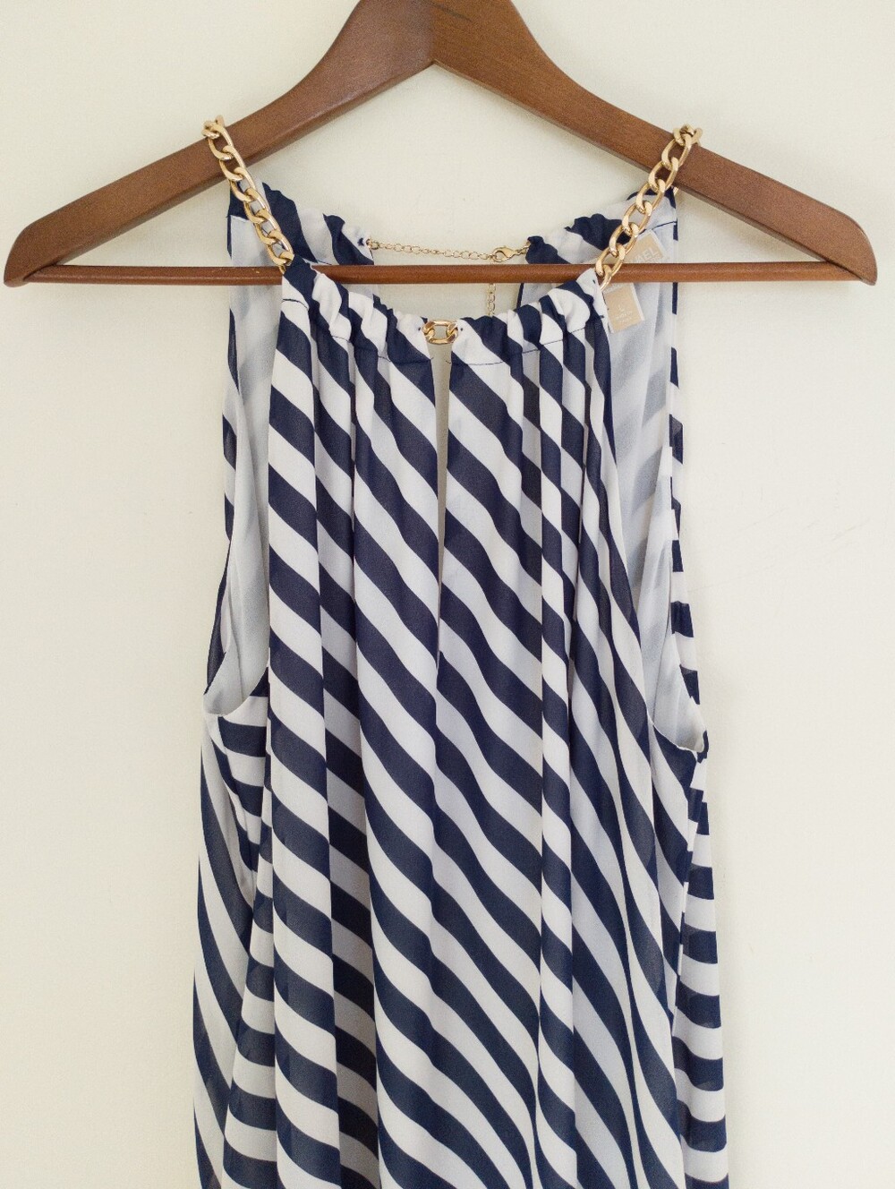 Michael Kors Blue White Diagonal Stripe Chain Halter Dress Size Large Nautical - Picture 2 of 9